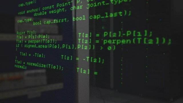 Opening shot revealing green C++ code scrolling through blocks while camera panning across servers
