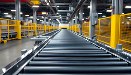 Fototapeta premium Desolate automated assembly line, a segment of advanced manufacturing machinery in an industrial facility. Robotic production sequence., professional photography. isolated with white highlights