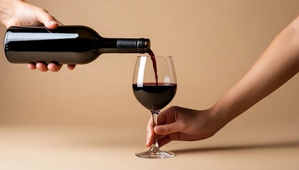 woman pouring red wine from bottle into glass on beige background
