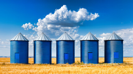 Blue metal grain storage silos stand in golden wheat field under cloudy sky. Agricultural facility for crop and farming operations in rural countryside landscape.