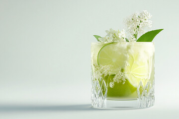 A photorealistic close-up of a French pastis cocktail with elderflower and lime