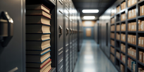 Shelving Units with Documents showcasing neatly arranged stacks of books and files in corridor