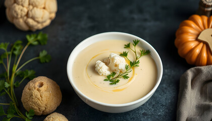 Creamy vegan cauliflower soup with plant-based cheese in a pristine white bowl. Nutritious meat-free dish idea, silhouette. isolated with white highlights