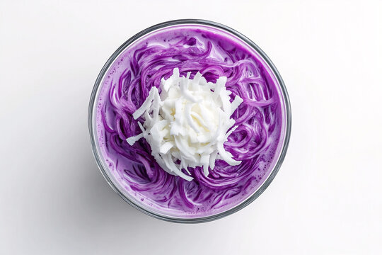 A photorealistic top-down view of a Vietnamese ch&egrave; khoai t&iacute;m with purple yam and coconut cream
