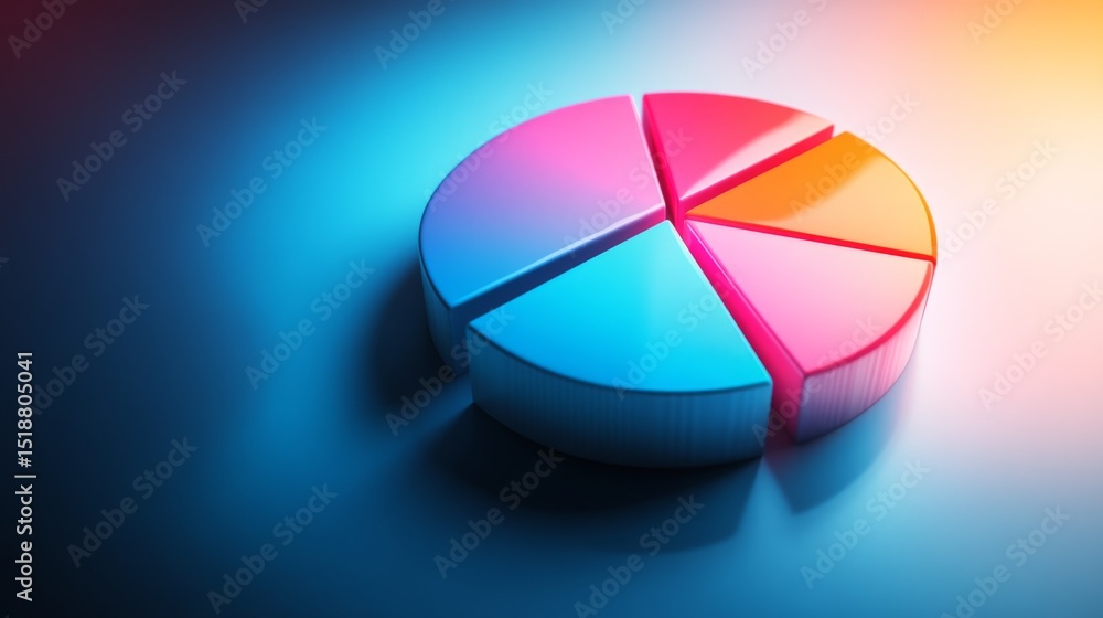 Poster a colorful d pie chart with individual segments floating in mid-air, surrounded by a soft glow, symb
