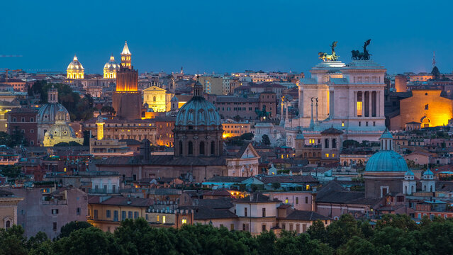 Panoramic view of historic center day to night timelapse of Rome, Italy
