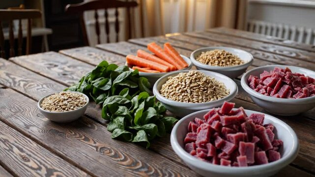 Bowls of Raw Ingredients for Pet Food on Rustic Wooden Table
