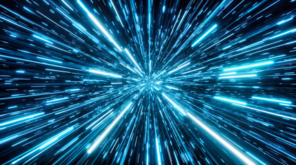 Blue hyperspace warp speed tunnel with bright cyan light streaks. Futuristic space travel portal with radial motion blur and glowing neon energy beams effect.