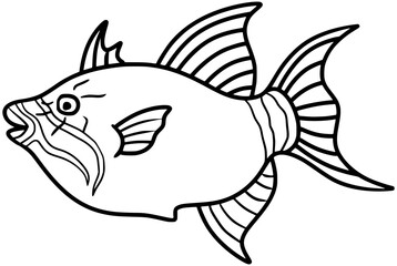 Queen Triggerfish Vector Cartoon Outline Line Art Drawing