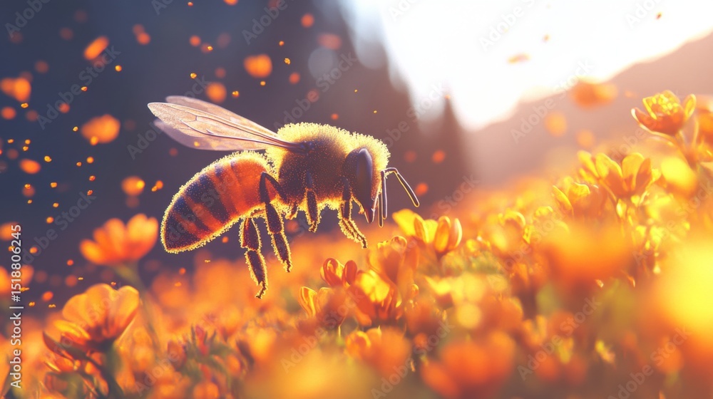 Poster a detailed image of a honeybee collecting nectar from a bright flower, with pollen visible on its le