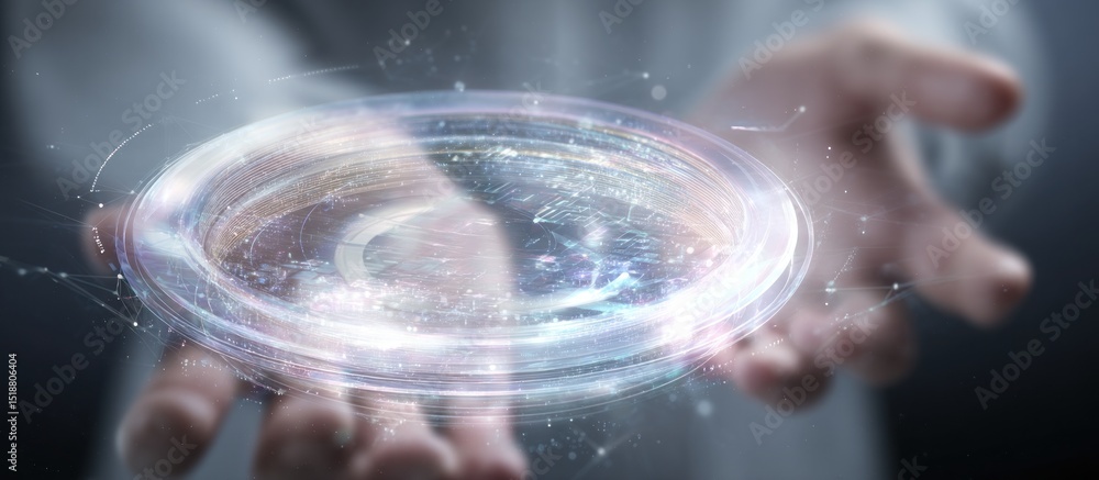 Poster a person holding a glowing circular object in their hands with a futuristic or technological appeara
