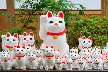 Tokyo, Japan - Sep 30 2024, A close-up view of many multi-sized white beckoning cat figure of Maneki neko with red ears and noses displayed at Gotokuji Temple, without people, at daytime, Tokyo, Japan