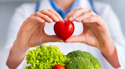 doctor hands protect a red heart surrounded by fresh vegetables, broccoli and lettuce, symbolizing healthcare, cardiology, nutrition, and a healthy diet. This medical wellness concept