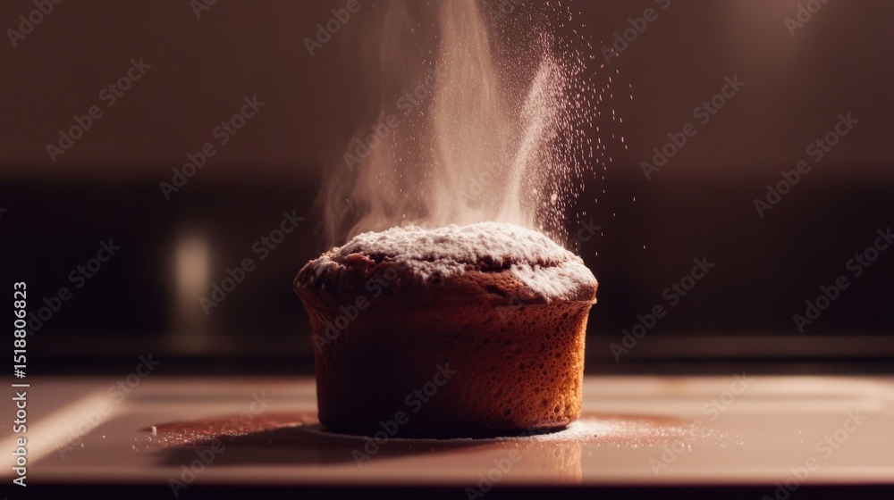 Poster a dramatic shot of a chocolate souffl rising in the oven, with a rich brown color and a dusting of p