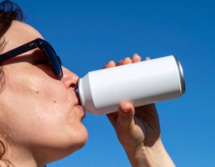 Primer plano lateral de una persona bebiendo de una lata o botella blanca, con un cielo azul despejado de fondo