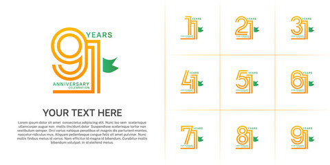 Anniversary logo style double line number set with ribbon. yellow color on white background for celebration event