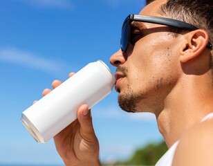 Primer plano lateral de una persona bebiendo de una lata o botella blanca, con un cielo azul despejado de fondo