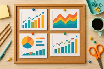 Colorful charts and graphs on corkboard business data analysis