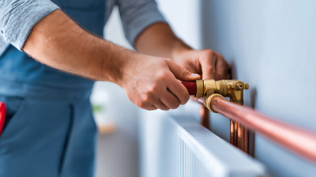 Professional plumber installing copper pipe valve on heating radiator system. Skilled technician hands performing plumbing maintenance and repair work.