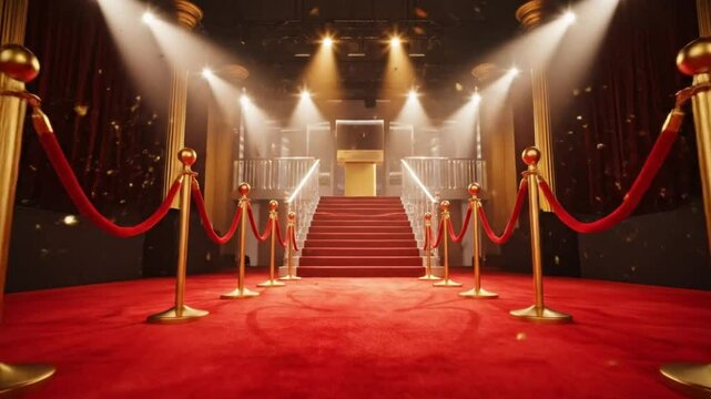 Red carpet leading to a spotlighted stage, an iconic entrance to Hollywood success and celebrity