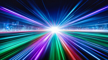 Speed light trails burst from center point with neon colors dynamic motion effect. Abstract digital energy beams radiate outward in futuristic cyber tunnel design.
