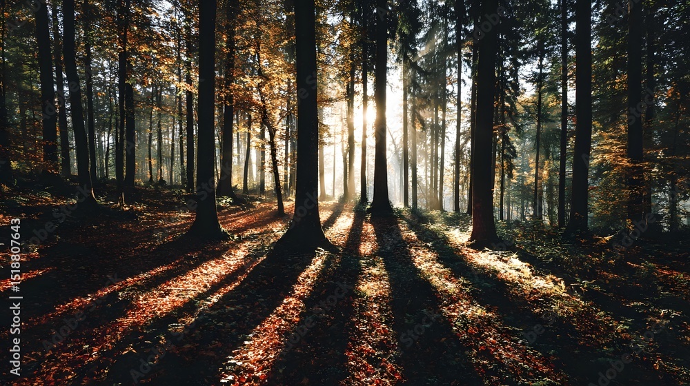 Poster rays of sunlight pierce through the tall trees in a lush verdant forest creating a captivating play 