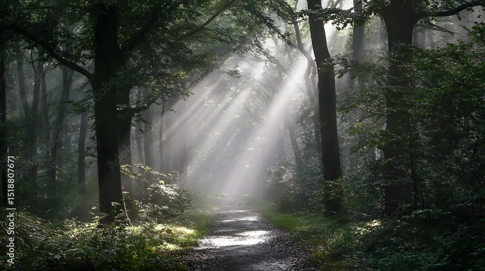 Poster A serene and enchanting forest path shrouded in a veil of morning fog with beams of light filtering through the lush canopy of trees creating a captivating and contemplative atmosphere