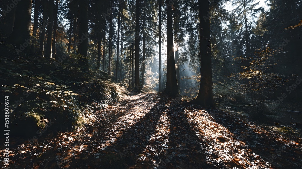 Aufkleber A tranquil forest scene where sunlight breaks through the tall trees creating a captivating interplay of light and shadow on the leaf covered path below