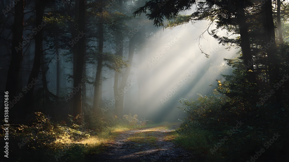 Aufkleber A serene and enchanting forest path shrouded in morning fog with soft light rays filtering through the tall trees creating a tranquil and spiritual atmosphere that invites contemplation
