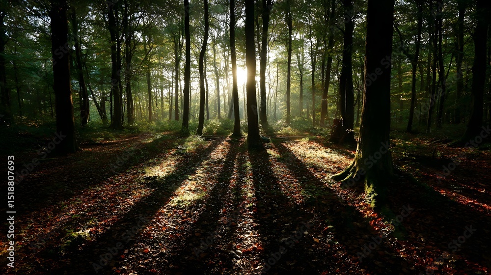 Poster Sunlight filters through the towering trees in a lush green forest casting long dramatic shadows on the ground blanketed with fallen leaves