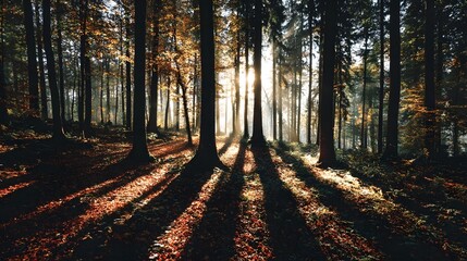 Obraz premium Rays of sunlight pierce through the tall trees in a lush verdant forest creating a captivating play of light and shadow on the leaf covered ground below