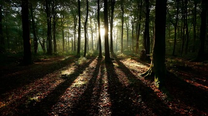 Sunlight filters through the towering trees in a lush green forest casting long dramatic shadows on the ground blanketed with fallen leaves