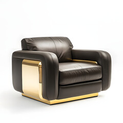 A sleek leather chair with gold accents, modern and elegant, isolated on white background.