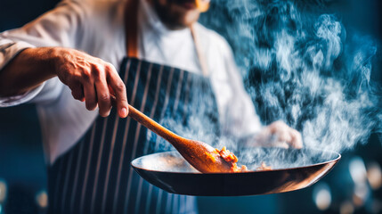 Professional chef cooking with flames in kitchen pan, culinary expertise and restaurant food preparation techniques with fire, smoke and intense heat sauteing dish ingredients