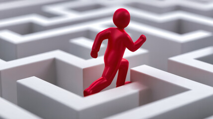 Red figure navigating white maze symbolizing problem solving, strategy, decision making, goal achievement, overcoming obstacles, business challenges, leadership journey, success path