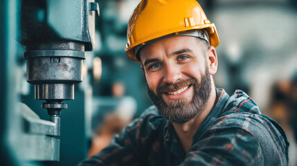 Happy industrial worker with yellow safety helmet operating drill press machinery at modern manufacturing factory workshop