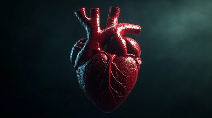 A highly detailed D rendering of a human heart with visible arteries and veins, set against a dark background, emphasizing its complex structure