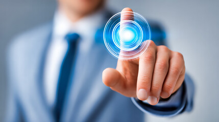 Businessman finger touching digital holographic interface with blue glowing rings for modern technology, virtual interaction, and business solutions