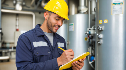 Industrial technician writing inspection report with clipboard at manufacturing facility. Worker with safety helmet documenting quality control procedures.