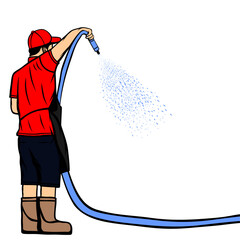 man standing spraying water rear view vector illustration