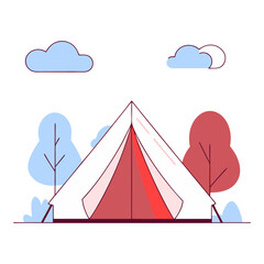 A charming, stylized bell tent, complete with an open flap, is set in a minimalistic outdoor scene with soft blue and red trees and light blue clouds against a white background.