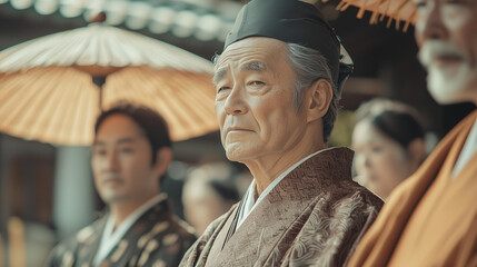 Fototapeta premium Elderly Japanese Man in Traditional Robe Watching Gion Matsuri Festival in Kyoto, Symbolizing Wisdom, Culture, and the Spiritual Legacy of Japan’s Historic Summer Celebration