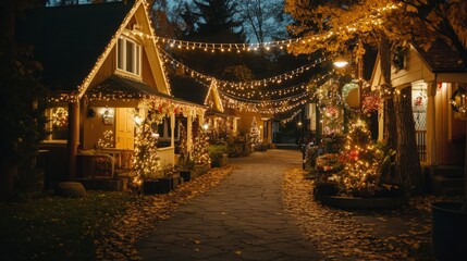 Fototapeta premium A peaceful suburban street lined with well-lit houses, decorated with string lights, creating a festive atmosphere that highlights the charm of residential neighborhoods at night