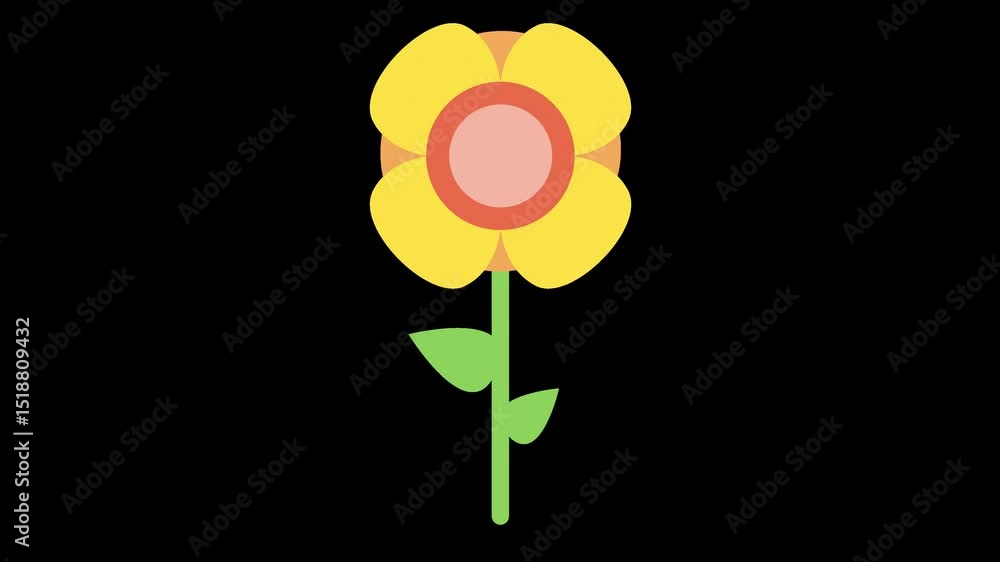 Poster animated yellow flower blooms on a transparent background in simple design