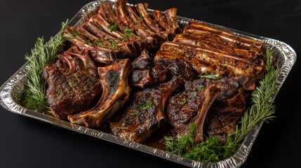 A platter of different types of raw meat cuts, such as lamb chops, beef steaks, and pork ribs, neatly arranged on a metal tray for cooking