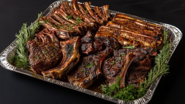 A platter of different types of raw meat cuts, such as lamb chops, beef steaks, and pork ribs, neatly arranged on a metal tray for cooking