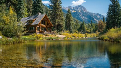 Fototapeta premium Cabin by lake, surrounded by forest, mountains in the background, sunny day