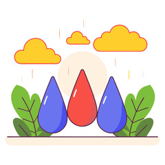 An illustration features three large, colorful raindrops (two blue, one red) flanked by green leaves, under yellow clouds and a light orange sun, with vertical dashed lines representing rain.