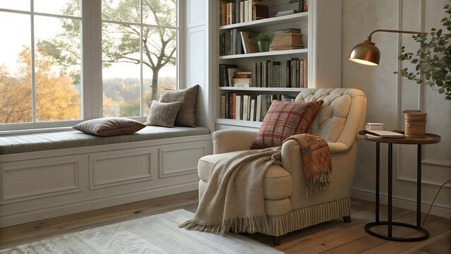Fototapeta Interior view of a cozy reading nook with armchair and window seat
