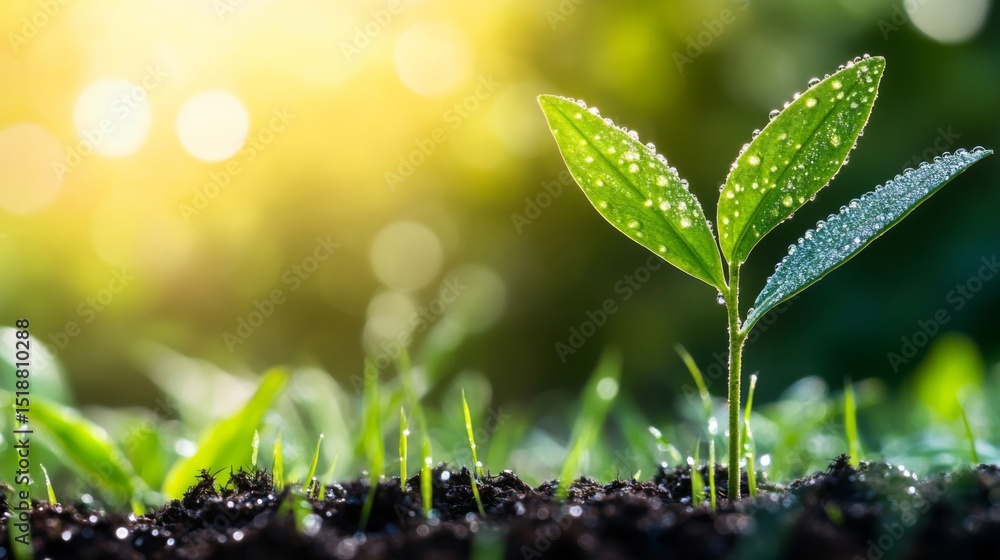 Poster a serene image of a freshly planted sapling in a peaceful meadow, with dew-covered grass and soft mo
